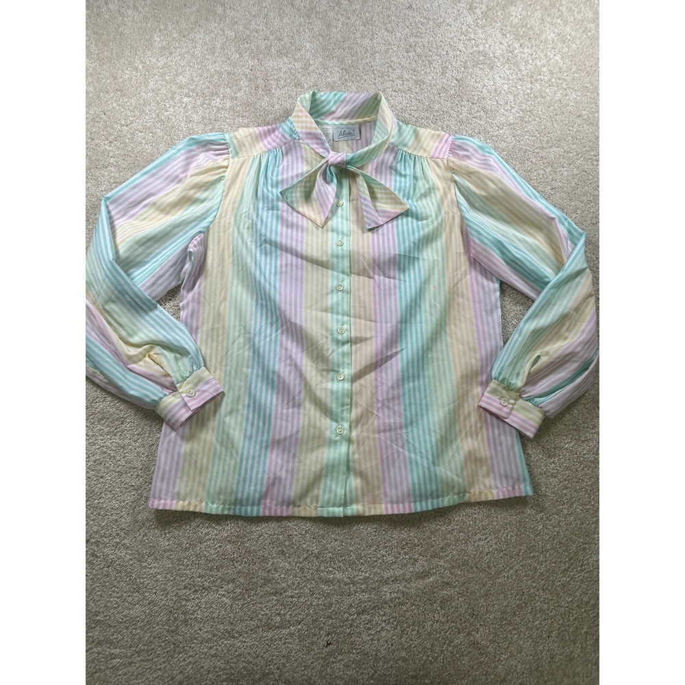 Alicia Pastel‎ Striped Bow Neck Long Sleeve Blouse Women Size 12